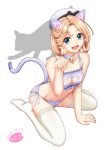  1girl :d animal_ears artist_name bell blonde_hair blue_eyes bra cat_cutout cat_ears cat_tail dated hat janus_(kantai_collection) jingle_bell kantai_collection mokerou open_mouth panties paw_pose purple_bra purple_panties sailor_hat short_hair signature simple_background smile solo tail thighhighs underwear white_background white_headwear white_legwear 