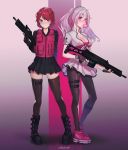  2girls ash-12.7 assault_rifle blue_eyes boots breasts bubble_blowing call_of_duty chewing_gum cleavage fingerless_gloves full_body gloves gun h&amp;k_g36 highres knife light_machine_gun modern_warfare_(2019) multiple_girls original pantyhose pink_hair purple_eyes red_hair rifle roll_out_road shoes short_hair skirt sneakers thighhighs twintails vest watch weapon 