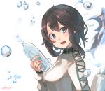  1girl akicosmossakasa bangs black_hair blue_eyes blush bottle eyebrows_visible_through_hair hayasui_(kantai_collection) highres holding jacket kantai_collection long_sleeves open_mouth sidelocks signature simple_background solo track_jacket upper_body water_bottle water_drop white_background 