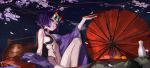  1girl 1s44c absurdres bangs bare_shoulders bob_cut breasts collarbone eyeliner fate/grand_order fate_(series) headpiece highres horns japanese_clothes kimono long_sleeves looking_at_viewer makeup oni oni_horns open_mouth purple_eyes purple_hair purple_kimono revealing_clothes short_hair shuten_douji_(fate/grand_order) skin-covered_horns small_breasts smile wide_sleeves 