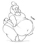  animal_crossing anthro belly belly_overhang big_belly black_and_white breasts canid canine canis cleavage clothed clothing cookie deep_navel domestic_dog eating female food hair hi_res isabelle_(animal_crossing) mammal monochrome navel nintendo obese obese_female overweight overweight_female psydoux shih_tzu simple_background solo text toy_dog video_games white_background 