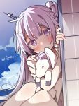  1girl azur_lane bare_shoulders blush colored_eyelashes commentary_request covered_mouth day detached_sleeves hair_bun hand_up highres long_hair long_sleeves looking_at_viewer outdoors pantyhose peeking_out purple_eyes purple_hair side_bun sitting sleeves_past_wrists solo stuffed_alicorn stuffed_animal stuffed_toy tsuka unicorn_(azur_lane) very_long_hair white_legwear white_sleeves 