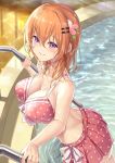  1girl bangs bare_arms bare_shoulders bikini bikini_skirt blush bow breasts cherry_blossoms cleavage collarbone commentary_request cowboy_shot eyebrows_visible_through_hair from_side gochuumon_wa_usagi_desu_ka? hair_between_eyes hair_ornament hairclip highres hoto_cocoa ks_(xephyrks) large_breasts long_hair looking_at_viewer looking_to_the_side older orange_hair parted_lips pink_bikini polka_dot polka_dot_bikini pool pool_ladder poolside purple_eyes ribbon-trimmed_bikini smile solo strap_gap swimsuit water white_bow 