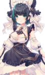 1girl albinoraccoon azur_lane bangs bare_shoulders black_bow black_dress black_eyes black_hair black_neckwear black_ribbon bow breasts cheshire_(azur_lane) cleavage collared_dress commentary_request crescent crescent_hair_ornament dress dress_bow ear_piercing eyebrows_visible_through_hair fang frilled_dress frills hair_ornament hair_ribbon highres large_breasts looking_at_viewer maid maid_headdress piercing ribbon simple_background skin_fang solo white_background white_ribbon 
