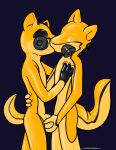  absurd_res animate_inanimate anthro bulge drone duo faceless gas_mask_filter grope hi_res immelmann kissing living_rubber male male/male mammal rubber standing text url 
