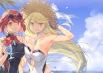 2girls bangs bare_shoulders black_swimsuit blonde_hair blue_sky breast_press breasts chest_jewel cup day earrings eyebrows_visible_through_hair eyewear_on_head fujie-yz gem grin hand_behind_head hat highres hikari_(xenoblade_2) holding holding_cup holding_drink homura_(xenoblade_2) jewelry large_breasts long_hair looking_at_viewer multiple_girls one-piece_swimsuit outdoors red_eyes red_hair short_hair sky smile strapless strapless_swimsuit sun_hat sunglasses swept_bangs swimsuit symmetrical_docking upper_body very_long_hair white_swimsuit xenoblade_(series) xenoblade_2 yellow_eyes 