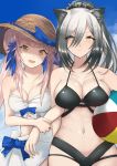  2girls :d animal_ears arknights ball bandeau bangs bare_arms bare_shoulders beachball bikini black_bikini blue_bow blue_sky bow breasts brown_eyes cat_ears ceylon_(arknights) cleavage cloud collarbone commentary_request day eyebrows_visible_through_hair halterneck hat hat_bow head_tilt large_breasts long_hair looking_at_viewer medium_breasts multiple_girls navel open_mouth pink_hair sarong schwarz_(arknights) sidelocks silver_hair sky smile stomach strapless strapless_bikini sun_hat swimsuit upper_body white_bikini yellow_eyes yuzuruka_(bougainvillea) 