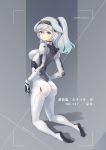  1girl alternate_costume alternate_hairstyle ass bodysuit breasts feet hands_on_hips headband highres impossible_bodysuit impossible_clothes kneeling looking_back medium_breasts medium_hair original ponytail sima_naoteng skin_tight soles thighs white_eyes white_hair white_legwear 