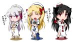  3girls aika_granzchesta aika_granzchesta_(cosplay) alice_carroll alice_carroll_(cosplay) aria aria_company_uniform blouse blush bow bowtie chibi commentary_request cosplay dress ereshkigal_(fate/grand_order) fate/grand_order fate_(series) himeya_company_uniform ishtar_(fate)_(all) ishtar_(fate/grand_order) kama_(fate/grand_order) kouga_(hipporit) leg_cutout long_dress long_hair looking_at_viewer mizunashi_akari mizunashi_akari_(cosplay) multiple_girls orange_planet_uniform sailor_collar short_sleeves side_slit simple_background speech_bubble uniform white_background white_blouse white_dress white_headwear 