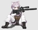 1girl :&lt; aiming alternate_costume animal_ear_fluff animal_ears belt_pouch black_gloves black_shorts blue_eyes boots cross-laced_footwear desert_tech_srs dog_(mixed_breed)_(kemono_friends) dog_ears fingerless_gloves full_body fur-trimmed_boots fur_trim gloves grey_background grey_hair gun heterochromia kemono_friends looking_away multicolored_hair nyifu pantyhose pouch rifle shorts simple_background sitting sniper_rifle solo spread_legs srs-a1 tactical_clothes thigh_strap trigger_discipline two-tone_hair weapon white_hair white_legwear yellow_eyes 