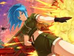  1girl aircraft blue_eyes blue_hair breasts building_block explosion gloves helicopter large_breasts leona_heidern long_hair looking_at_viewer official_art senran_kagura senran_kagura_new_wave the_king_of_fighters yaegashi_nan 