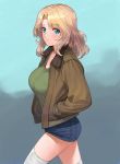  1girl a1 blonde_hair blue_eyes blush breasts closed_mouth cowboy_shot denim denim_shorts eyebrows_visible_through_hair girls_und_panzer green_shirt hair_intakes hands_in_pockets jacket kay_(girls_und_panzer) large_breasts light_smile long_hair looking_at_viewer open_clothes open_jacket parted_hair raised_eyebrows shirt short_shorts shorts smile solo thighhighs wavy_hair white_legwear 