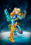  1girl absurdres arm_cannon artist_name blonde_hair blue_bodysuit bodysuit breasts closed_mouth commentary covered_navel english_commentary eyebrows_visible_through_hair full_body green_eyes hair_tie hands_up high_heels highres kawaindex lips medium_breasts metroid mole mole_under_mouth planet ponytail samus_aran sky smile solo space squatting star_(sky) starry_sky tied_hair transparent watermark weapon web_address zero_suit 