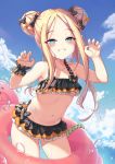  1girl abigail_williams_(fate/grand_order) ass_visible_through_thighs bangs bare_shoulders bikini black_bikini black_bow black_skirt blonde_hair blue_eyes blue_sky blush bow breasts claw_pose collarbone day double_bun emerald_float fate/grand_order fate_(series) forehead frilled_bikini frills grin highres innertube long_hair looking_at_viewer microskirt multiple_bows navel orange_bow parted_bangs polka_dot polka_dot_bow shimokirin sidelocks skirt sky small_breasts smile solo swimsuit thighs water_drop wet 