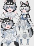  1girl :d animal_ear_fluff animal_ears bangs bare_shoulders black_hair blue_eyes boots breasts cross-laced_footwear dog_ears dog_girl dog_tail elbow_gloves fangs fur-trimmed_boots fur-trimmed_sleeves fur_collar fur_trim gloves grey_background harness kemono_friends looking_at_viewer medium_breasts multicolored_hair multiple_views nyifu open_mouth original pantyhose paw_pose short_hair shorts simple_background sleeveless_sweater smile sweater tail teeth two-tone_hair two-tone_legwear white_hair white_sweater 