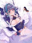  1girl animal_ears aqua_hair azur_lane blue_eyes blush breasts cheshire_(azur_lane) cleavage closed_mouth crescent crescent_moon_pin detached_sleeves downblouse dress eyebrows_visible_through_hair fang footwear_removed framed_breasts frilled_hairband frilled_headband frilled_ribbon frills hairband high_heels highres large_breasts long_hair long_ribbon looking_at_viewer looking_up maid_dress maid_headdress multicolored_hair panties paw_print puffy_detached_sleeves puffy_sleeves purple_apron purple_hair reel_(riru) ribbon shoes sitting smile solo strap_gap streaked_hair thighhighs underwear undressing white_legwear white_panties wrist_cuffs 