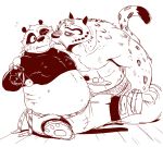  2020 absurd_res black_and_white black_and_white_fur bottomwear chubby_male clothed clothing dreamworks face_lick felid food footwear giant_panda hi_res kung_fu_panda licking male male/male mammal master_po_ping moku_nameko monochrome muscular muscular_male one_eye_closed pantherine shoes sitting snow_leopard tai_lung_(kung_fu_panda) tongue tongue_out topless ursid 