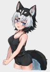  animal_ears black_hair black_shorts blue_eyes blush breasts cleavage collarbone dog_ears dog_girl dog_tail eyebrows_visible_through_hair fang grey_background large_breasts looking_at_viewer multicolored_hair nyifu open_mouth original short_hair shorts simple_background smile tail tank_top two-tone_hair white_hair 