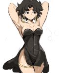  1girl arms_behind_head betty_boop betty_boop_(character) black_dress black_eyes black_hair breasts dress earrings eyebrows highres hoop_earrings jewelry looking_to_the_side medium_breasts messy_hair no_panties pout rakeemgarcia see-through see-through_dress short_hair simple_background sketch solo thighlet white_background 