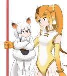  2girls animal_ears bangs black_hair bow bowtie brown_hair circlet commentary_request crossed_arms elbow_gloves extra_ears eyebrows_visible_through_hair gloves golden_snub-nosed_monkey_(kemono_friends) gradient_hair hair_between_eyes height_difference highleg highleg_leotard highres kemono_friends leotard long_hair long_sleeves looking_at_another multicolored_hair multiple_girls okome_kogashi open_mouth orange_hair pantyhose ponytail short_hair simple_background smile southern_tamandua_(kemono_friends) staff tamandua_ears tamandua_tail white_background white_bow white_hair white_legwear white_neckwear yellow_eyes 