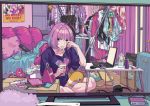  1girl absurdres bra chopsticks commentary_request computer eating fan food headphones highres idolmaster idolmaster_cinderella_girls laptop laundry looking_at_viewer mouse multicolored_hair nail_polish namiko817 noodles panties pink_eyes pink_hair reflection socks solo table television trash_can two-tone_hair underwear yumemi_riamu 
