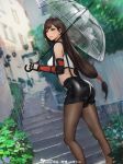  1girl anson_zheng arm_guards artist_name ass bangs bare_shoulders black_shorts black_skirt blush breasts brown_hair brown_legwear cloud cloudy_sky commentary_request earrings elbow_gloves elbow_pads eyelashes final_fantasy final_fantasy_vii final_fantasy_vii_remake fingerless_gloves flower gloves hair_between_eyes highres holding holding_umbrella hydrangea jewelry lips long_hair looking_away low-tied_long_hair medium_breasts nose outdoors pantyhose pencil_skirt puddle rain red_eyes shirt shorts sidelocks skirt sky smile solo suspender_skirt suspenders swept_bangs tank_top taut_clothes taut_shirt thighs tifa_lockhart transparent transparent_umbrella umbrella very_long_hair water wet wet_hair wet_shorts white_tank_top 