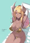  1girl animal_ears armpits arms_behind_head arms_up bangs beach_chair blonde_hair breasts brown_eyes cleavage closed_mouth commentary_request cow_ears cow_horns curvy dark_skin elbow_gloves gloves gold_bikini granblue_fantasy green_background highres horns johnny_funamushi kuvira_(granblue_fantasy) large_breasts looking_at_viewer multicolored_hair navel parted_bangs sidelocks sitting smile sweat swept_bangs thighs translated translation_request white_horns 
