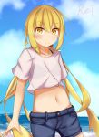  alternate_costume beach bikini black_bikini blonde_hair blue_sky casual etsuransha_no_rei highres kantai_collection long_hair outdoors satsuki_(kantai_collection) see-through shirt short_sleeves shorts sky swimsuit twintails white_shirt yellow_eyes 