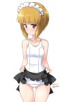  1girl artist_name blonde_hair blush breasts brown_eyes cameltoe collarbone cutlass_(girls_und_panzer) dated eyebrows_visible_through_hair girls_und_panzer groin highres kuzuryuu_kennosuke lifted_by_self looking_at_viewer maid_headdress open_mouth shiny shiny_hair shiny_skin short_hair simple_background skirt skirt_lift small_breasts solo standing swimsuit swimwear white_background white_swimsuit 