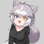  1girl :3 alternate_costume animal_ears black_shirt blue_eyes dog_(mixed_breed)_(kemono_friends) dog_ears dog_girl dog_tail dog_treat drooling eyebrows_visible_through_hair fangs food food_on_face grey_hair heterochromia kemono_friends long_sleeves looking_up multicolored_hair nyifu open_mouth shirt short_hair solo tail white_hair yellow_eyes 