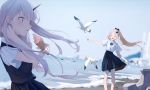  2girls :d ^_^ abigail_williams_(fate/grand_order) alternate_hairstyle animal bangs beach bird black_bow black_skirt black_vest blonde_hair blue_bow blurry blurry_background blush bow closed_eyes collared_shirt commentary_request day depth_of_field dress_shirt eyebrows_visible_through_hair fate/grand_order fate_(series) foam forehead grey_hair hair_bow highres horns lavinia_whateley_(fate/grand_order) long_hair multiple_girls open_mouth outdoors parted_bangs pleated_skirt polka_dot polka_dot_bow ponytail profile red_eyes seagull shirt short_sleeves sidelocks single_horn skirt smile very_long_hair vest water waves white_shirt yukiyama_momo 