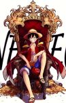  1boy absurdres black_eyes black_hair chest_scar commentary english_text food hat highres holding holding_food meat monkey_d_luffy one_piece rakugaki_suruhito sandals scar sitting smile straw_hat throne 