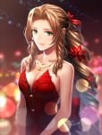  1girl aerith_gainsborough artist_name back_bow backlighting bare_arms bare_shoulders blurry blurry_background bow braid breasts brown_hair cleavage closed_mouth collarbone depth_of_field dress final_fantasy final_fantasy_vii final_fantasy_vii_remake flower forehead green_eyes hair_flower hair_ornament hair_ribbon haru_(toyst) jewelry large_breasts lens_flare long_hair looking_at_viewer necklace pink_lips red_bow red_dress red_flower red_ribbon ribbon sidelocks single_braid smile solo star_(symbol) star_necklace strapless strapless_dress upper_body very_long_hair 