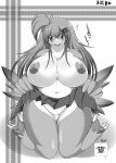  accessory anthro avian beak big_breasts bird bottomwear breasts clothing clothing_lift exposed_breasts female hair hair_accessory hairclip monochrome non-mammal_breasts skirt skirt_lift solo text translated wide_hips ymbk 