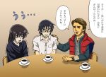  3boys amano_yukiteru back_to_the_future bangs black-framed_eyewear black_hair blue_jacket blue_shirt boku_dake_ga_inai_machi brown_hair chair coffee coffee_cup commentary crossover crying crying_with_eyes_open cup disposable_cup dress_shirt fujinuma_satoru half-closed_eyes hand_on_another&#039;s_shoulder highres jacket long_sleeves looking_at_another male_focus marty_mcfly mirai_nikki multiple_boys multiple_crossover plaid plaid_shirt red_vest semi-rimless_eyewear shideboo_(shideboh) shirt short_hair short_sleeves sitting t_t tears translated trembling under-rim_eyewear vest watch white_shirt wristwatch 