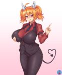  1girl ahoge animal_ear_fluff animal_ears bangs black_neckwear black_pants blonde_hair blush breast_grab breasts cerberus_(helltaker) cerberus_(helltaker)_(cosplay) cerberus_(last_origin) cosplay demon_tail dog_ears eyebrows_visible_through_hair fake_animal_ears grabbing gradient gradient_background grey_background hair_between_eyes helltaker highres huge_breasts long_sleeves looking_at_viewer mole mole_under_eye necktei pants ravacon25 red_eyes red_shirt shirt simple_background smile solo tail tongue tongue_out traffic_cone twintails 