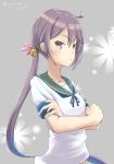  1girl akebono_(kantai_collection) bell commentary_request floral_background flower green_sailor_collar grey_background hair_bell hair_flower hair_ornament highres jingle_bell kantai_collection long_hair looking_at_viewer purple_eyes purple_hair sailor_collar sailor_shirt school_uniform serafuku shirt side_ponytail solo upper_body very_long_hair yomitsuna 