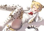  1girl ;3 ;d animal_ear_fluff animal_ears animal_print bangs blonde_hair boots commentary elbow_gloves extra_ears eyebrows_visible_through_hair gloves gradient_hair kemono_friends leopard_(kemono_friends) leopard_ears leopard_print leopard_tail long_hair low_twintails lying multicolored_hair okome_kogashi on_back one_eye_closed open_mouth panties pantyshot paw_pose pleated_skirt print_gloves print_legwear print_skirt red_neckwear shirt short_sleeves simple_background skirt smile solo tail thighhighs twintails underwear white_background white_fur white_hair white_panties white_shirt yellow_eyes 