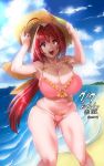  1girl :d ahoge bangs bare_shoulders beach bikini birthday breasts cevoy cleavage commentary_request curvy eyebrows_visible_through_hair frills hair_intakes hair_ribbon hat highres holding holding_hat huge_ahoge huge_breasts kagami_sumika long_hair muvluv ocean open_mouth pink_bikini red_eyes red_hair ribbon sand shore smile standing straw_hat sun_hat swimsuit thighs translated water waves 
