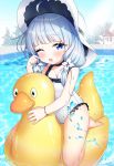  ahoge azur_lane barefoot blue_eyes blush child choker frilled_swimsuit frills hat highres inflatable_duck inflatable_toy legs_up little_illustrious_(azur_lane) long_hair low_twintails melo_(meromero) one-piece_swimsuit one_eye_closed open_mouth pool riding silver_hair sun_hat swimsuit thighs twintails water white_headwear white_swimsuit 