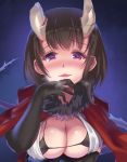  +_+ 1girl a-na black_bra black_gloves black_hair blush bra breasts broken_horn capelet cleavage demon_girl demon_horns elbow_gloves eriko_(princess_connect!) gloves glowing glowing_eyes highres horns large_breasts looking_at_viewer princess_connect! princess_connect!_re:dive purple_eyes red_capelet short_hair solo symbol-shaped_pupils tail underwear upper_body visible_air 