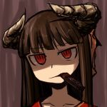  1girl bangs brown_hair collarbone commentary_request demon_horns eyebrows_visible_through_hair face food_in_mouth hinomoto_oniko horns long_hair looking_at_viewer lowres nns_(sobchan) original portrait red_eyes simple_background slit_pupils snickers solo 