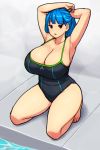  1girl armpits bangs bare_shoulders blue_hair breasts cleavage collarbone erkaz eyebrows_visible_through_hair high_ponytail highres huge_breasts medium_hair one-piece_swimsuit open_mouth original pool red_eyes rina_atherina sitting swimsuit thighs tying_hair water 