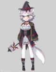  1girl alternate_costume animal_ears black_capelet black_footwear black_headwear blue_eyes boots bow capelet collar dog_(mixed_breed)_(kemono_friends) dog_ears dog_tail dress eyebrows_visible_through_hair frilled_dress frilled_sleeves frills full_body grey_hair hat hat_bow heterochromia kemono_friends long_sleeves multicolored_hair neck_ribbon nyifu red_collar ribbon short_hair solo tail thighhighs wand white_dress white_hair white_legwear witch_costume witch_hat yellow_eyes zettai_ryouiki 