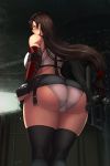  1girl absurdres ass black_legwear black_skirt blush breasts brown_hair cameltoe curvy final_fantasy final_fantasy_vii hero_(do-belman) highres huge_ass lace lace-trimmed_panties large_breasts long_hair looking_at_viewer looking_back panties skirt skirt_lift solo sweat thick_thighs thighhighs thighs tifa_lockhart trefoil underwear very_long_hair white_panties wide_hips worried 