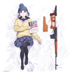  1girl bed_sheet black_legwear blue_hair blue_sailor_collar dakimakura dated dragunov_svd gun hair_bun handgun horikou looking_at_viewer lying necktie no_shoes on_back pantyhose parted_lips pistol purple_eyes purple_skirt rifle sailor_collar school_uniform serafuku shima_rin signature skirt sniper_rifle solo stechkin_aps sweater weapon weapon_request white_neckwear yellow_sweater yurucamp 