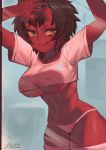  1girl against_glass arms_up breast_press breasts brown_hair closed_mouth covered_nipples cowboy_shot crop_top cropped_shirt fang fang_out hands_up horns kidouko_(zakusi) large_breasts looking_at_viewer navel oni oni_horns original panties red_skin shirt short_hair short_sleeves signature smile solo standing thighhighs underwear white_legwear white_panties white_shirt yellow_eyes zakusi 