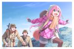  1girl 2boys :d backpack bag blue_eyes blue_sky border brown_legwear coat dated day fingerless_gloves gloves green_jacket grey_gloves grey_shorts gun helmet horikou jacket kagamihara_nadeshiko legwear_under_shorts long_sleeves military military_jacket military_uniform mountain multiple_boys open_mouth outdoors outstretched_arms pantyhose pink_coat pink_hair real_life rifle scarf shorts signature sky smile soldier soviet soviet_army spread_arms tent uniform weapon white_border winter_clothes winter_coat yurucamp 