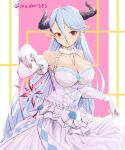  1girl artist_name blue_hair bow breasts brown_eyes cleavage dress dress_bow granblue_fantasy hair_between_eyes highres horns izmir large_breasts long_hair long_sleeves looking_at_viewer madori151 skirt_hold solo standing very_long_hair white_bow white_dress 