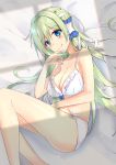  1girl absurdres bangs bed_sheet blue_eyes blush bra breasts cleavage closed_mouth collarbone diving_penguin eyebrows_visible_through_hair frilled_bra frills frog_hair_ornament from_above green_hair hair_between_eyes hair_ornament highres kochiya_sanae long_hair looking_at_viewer lying medium_breasts navel on_side panties smile snake solo touhou underwear underwear_only very_long_hair white_bra white_panties white_snake 